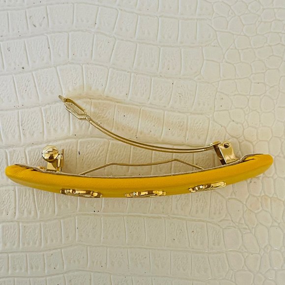 ETRO Milano Made in ITALY Yellow Leather HAIR CLIP Gold Plated PEGASUS 4"x1" NEW - Picture 3 of 6